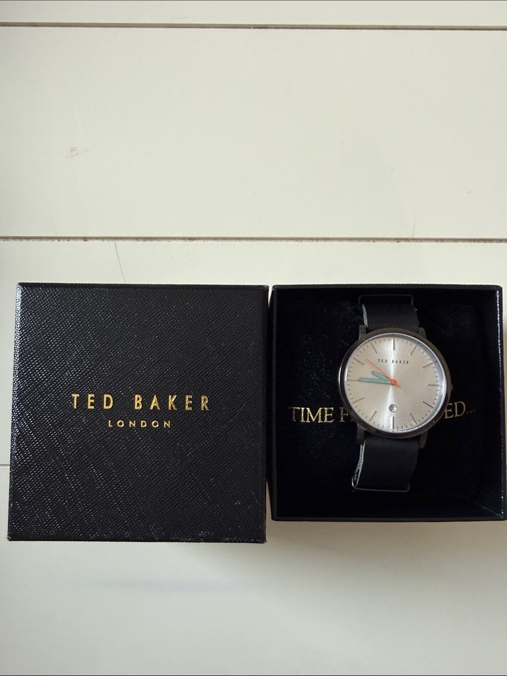 Ted Baker Black Leather Strap Watch with Silver Dial and Teal Second Hand
